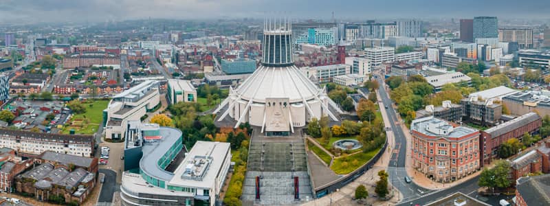 Wide overhead view of Liverpool's Metropolitan Cathedral.